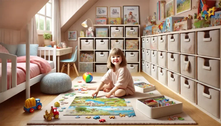 In einem hellen Kinderzimmer sitzt ein Kind vor einem Puzzle, umgeben von Aufbewahrungslösungen, die eine effektive Organisation unterstützen.