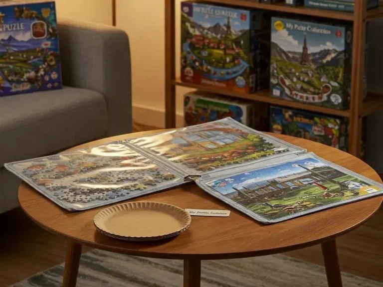 Ein offener Puzzle-Aufbewahrungsordner liegt auf einem runden Holztisch in einem gemütlichen Wohnzimmer. In den durchsichtigen Hüllen sind fertige Puzzles sicher verstaut. Im Hintergrund stehen Puzzle-Schachteln ordentlich in einem Regal. Eine warme Beleuchtung sorgt für eine entspannte Atmosphäre.