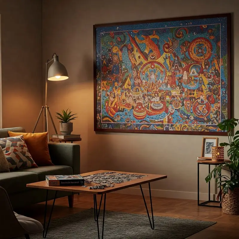 Ein stilvoll eingerichtetes Wohnzimmer mit einem großen, gerahmten Puzzle an der Wand. Im Vordergrund steht ein Tisch mit einem unvollständigen Puzzle, umgeben von gemütlicher Beleuchtung und Dekoration.