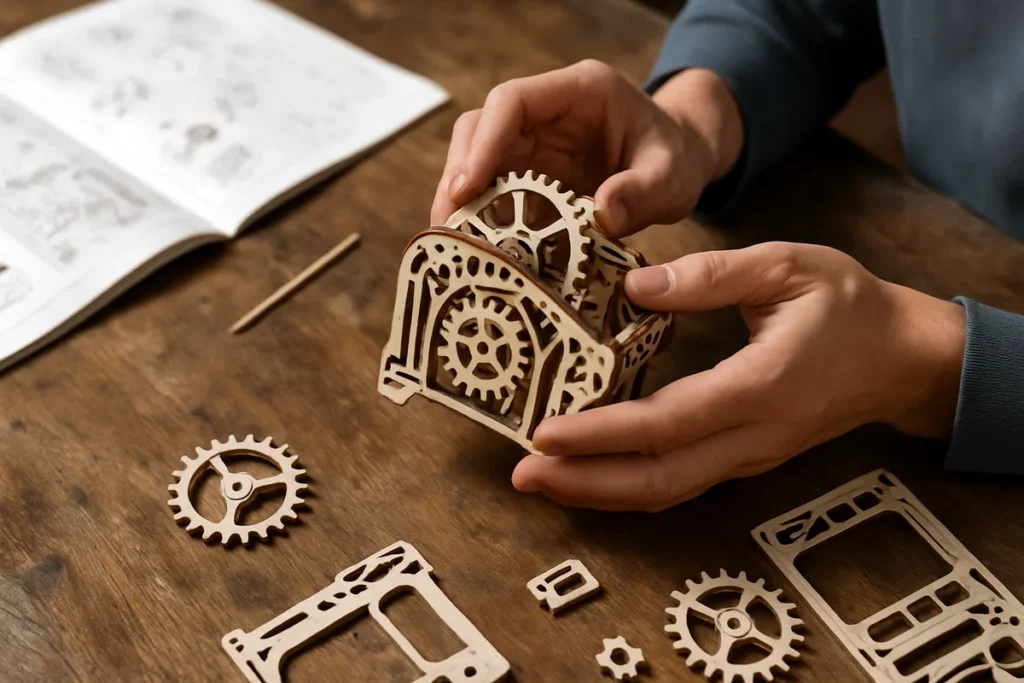 Hände setzen Zahnräder in ein Holzmodell ein, umgeben von Anleitung und Einzelteilen auf Tisch