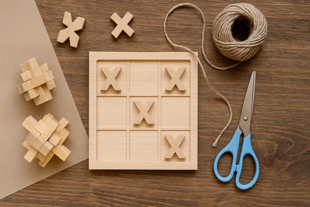 Selbstgemachtes Holz-Knobelspiel mit Bastelmaterial wie Schere, Schnur und Papier