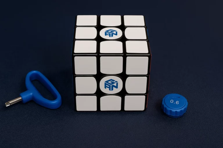 Speedcube von GAN mit Einstellwerkzeug und 0.6-Nuss auf blauem Untergrund