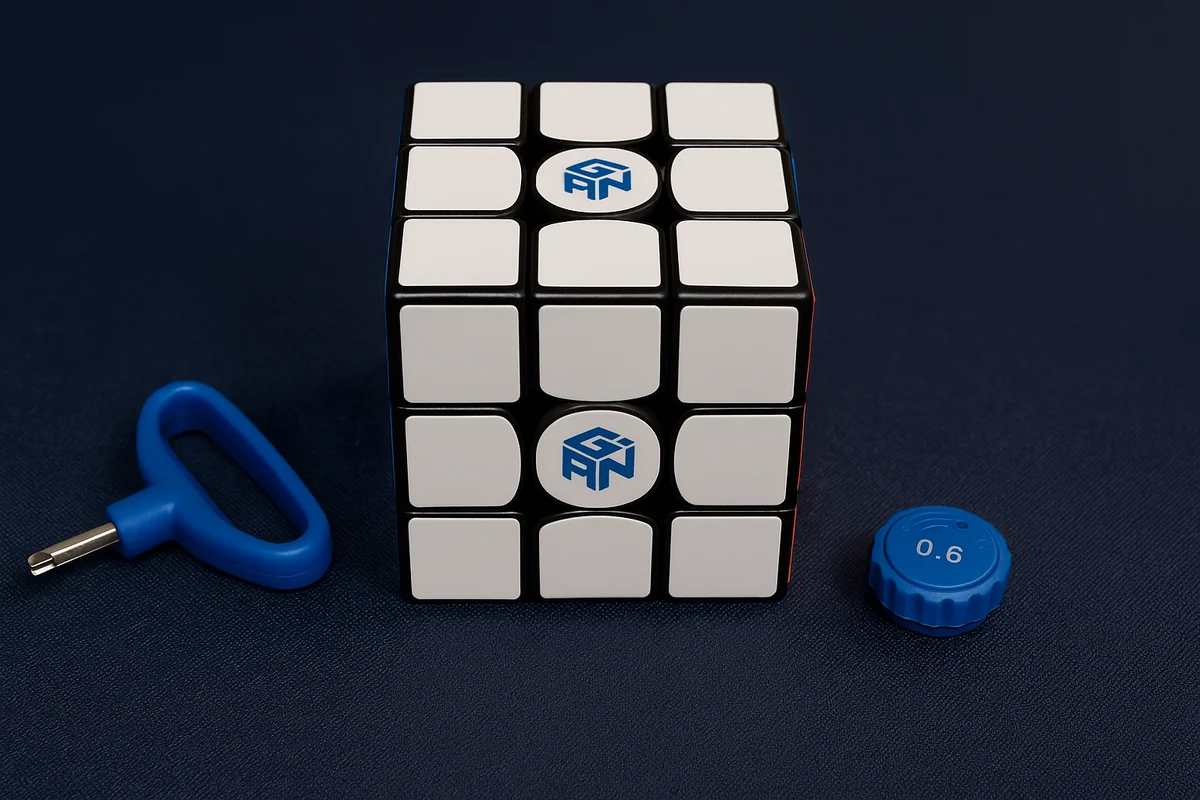 Speedcube von GAN mit Einstellwerkzeug und 0.6-Nuss auf blauem Untergrund