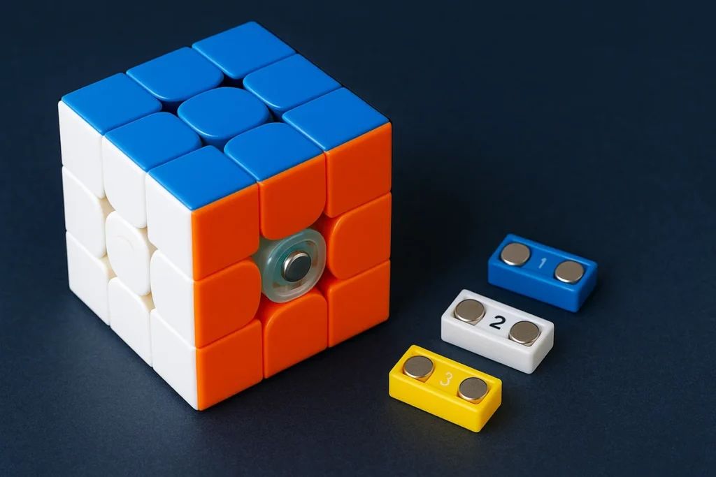 Magnetischer GAN Speedcube mit drei austauschbaren Magnetmodulen auf dunklem Hintergrund