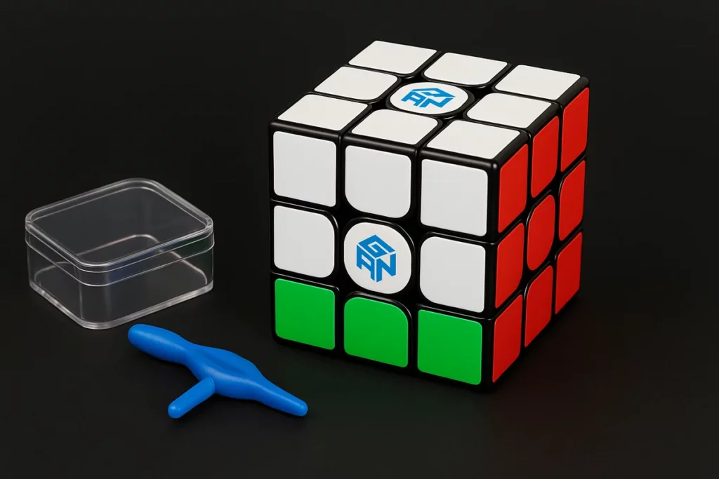 GAN Speedcube neben blauem Einstellwerkzeug und transparenter Box auf schwarzem Untergrund