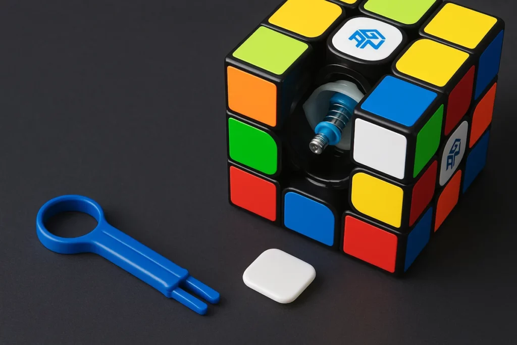 Geöffneter GAN Cube mit sichtbarer blauer Federmechanik und Tensioning-Werkzeug auf schwarzem Untergrund