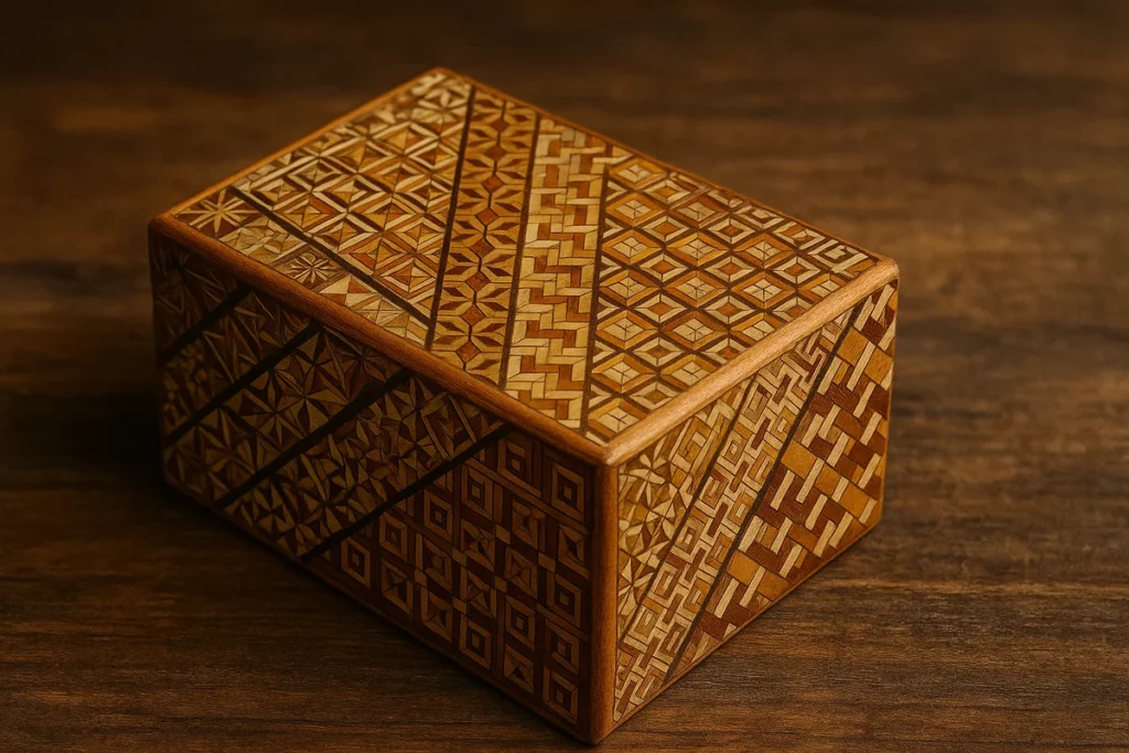 Japanische Holzbox mit historischen Intarsienmustern auf dunklem Tisch