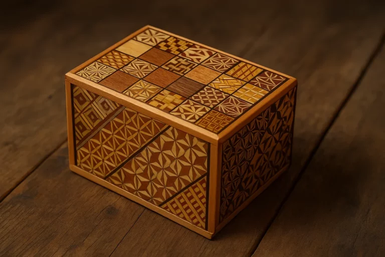 Japanische Himitsu-Bako mit filigraner Intarsienarbeit aus Holz auf rustikalem Untergrund