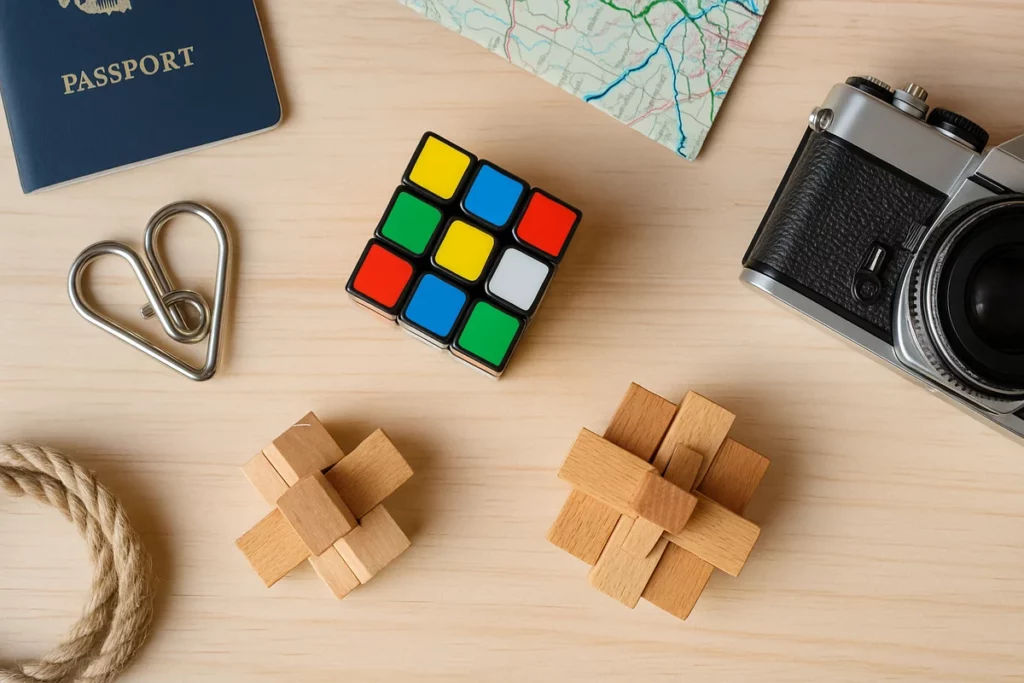 Denkspiele und Reisezubehör wie Karte, Kamera und Pass auf hellem Holztisch