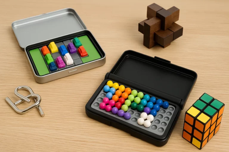 Verschiedene kleine Denkspiele auf einem Tisch arrangiert, ideal für Reisen oder Büro