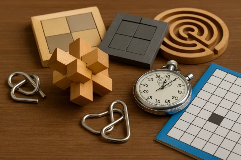 Verschiedene Knobelspiele aus Holz, Metall und Papier auf einem Tisch arrangiert