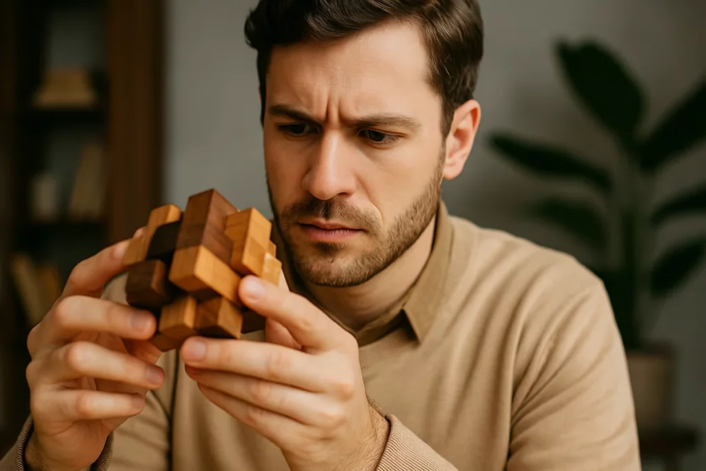 Ein junger Mann konzentriert sich beim Lösen eines hölzernen Knobelspiels
