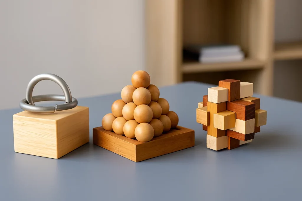 Drei unterschiedliche Knobelspiele aus Holz und Metall nebeneinander aufgestellt