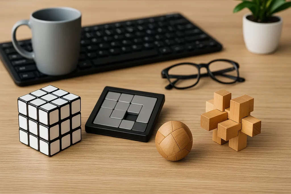 Rubik’s Cube, Holzrätsel und Logikspiele auf einem modernen Büroschreibtisch