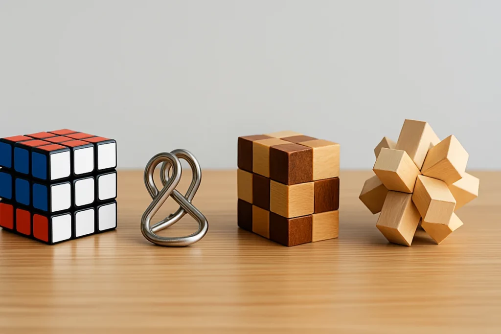 Vier Denkspiele auf Holzuntergrund: Rubik’s Cube, Metallrätsel, Soma-Würfel und Holzstern