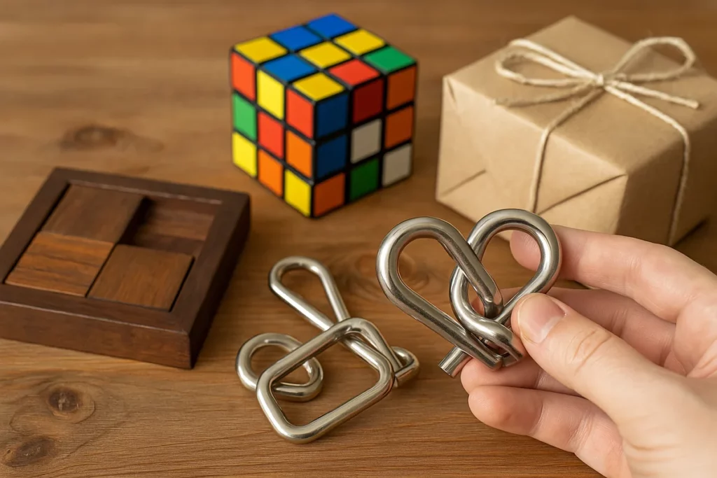 Verschiedene Knobelspiele mit Geschenkverpackung auf Holztisch, darunter Rubik’s Cube, Metallpuzzle und Schiebespiel