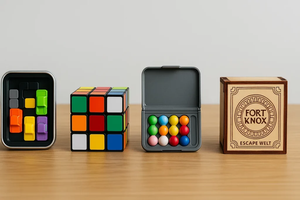 Vier verschiedene Denkspiele – Auto-Schiebepuzzle, Rubik's Cube, Magnetspiel, Escape Box – auf hellem Tisch