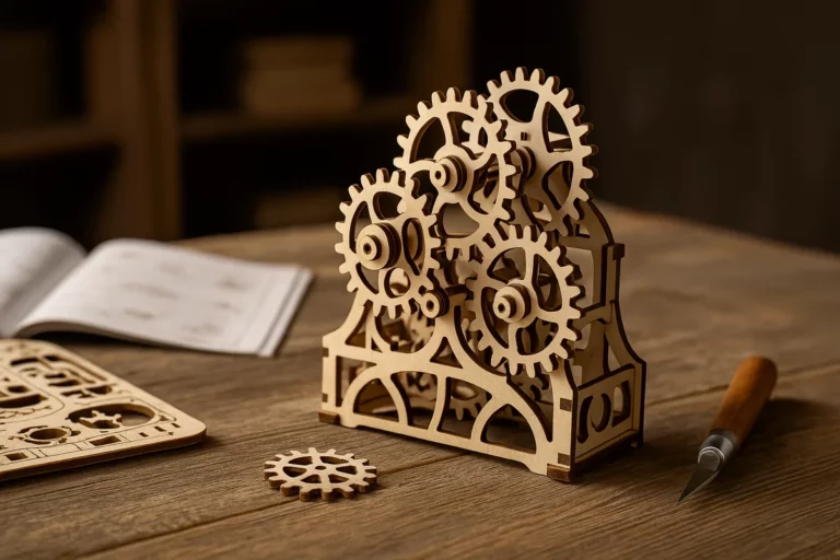 Filigranes ROKR oder UGEARS Holzmodell mit Zahnrädern auf Basteltisch