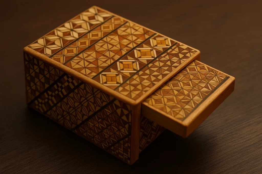 Geöffnete Himitsu-Bako mit verschobenem Deckel und sichtbar werdendem Geheimfach