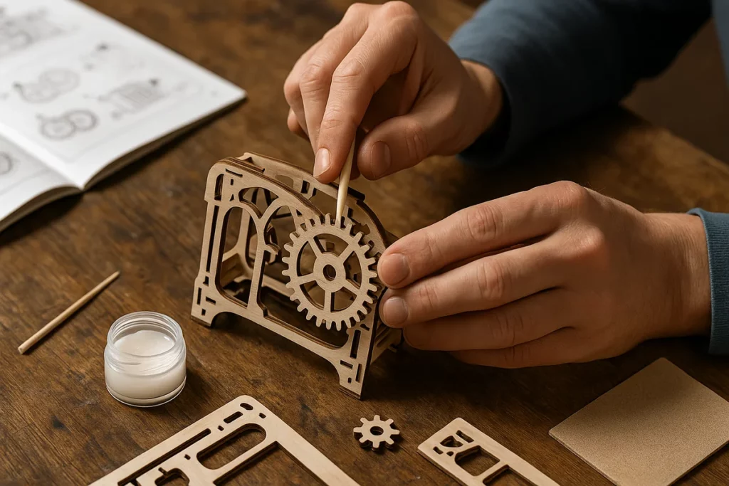 Person trägt mit Zahnstocher Gleitmittel auf Zahnrad eines Holzmodells auf