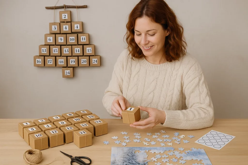 Frau mit roten Haaren sitzt an einem Tisch und beklebt kleine Adventsboxen, umgeben von Puzzleteilen und Bastelmaterial