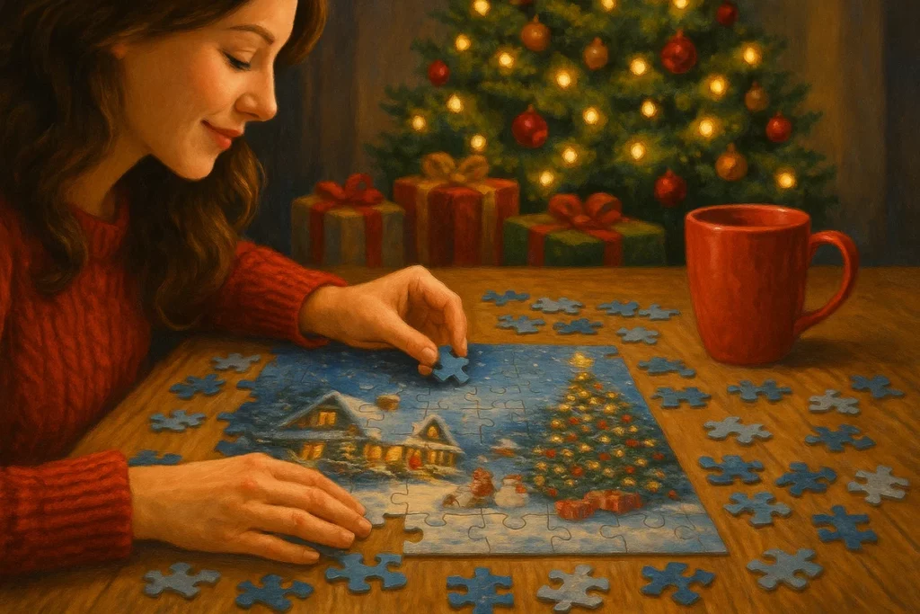 Frau legt ein Weihnachts-Puzzle vor einem geschmückten Baum mit Geschenken