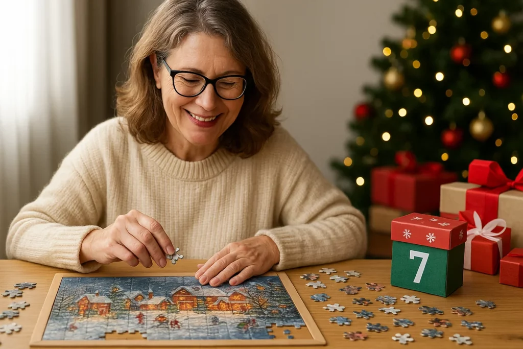 Lächelnde Frau mit Brille setzt Puzzle mit Wintermotiv zusammen, neben ihr ein dekorierter Adventskalender