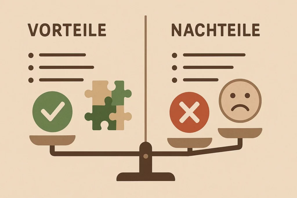 Grafische Gegenüberstellung von Pro und Contra mit Check-Symbolen, Puzzle und Waage