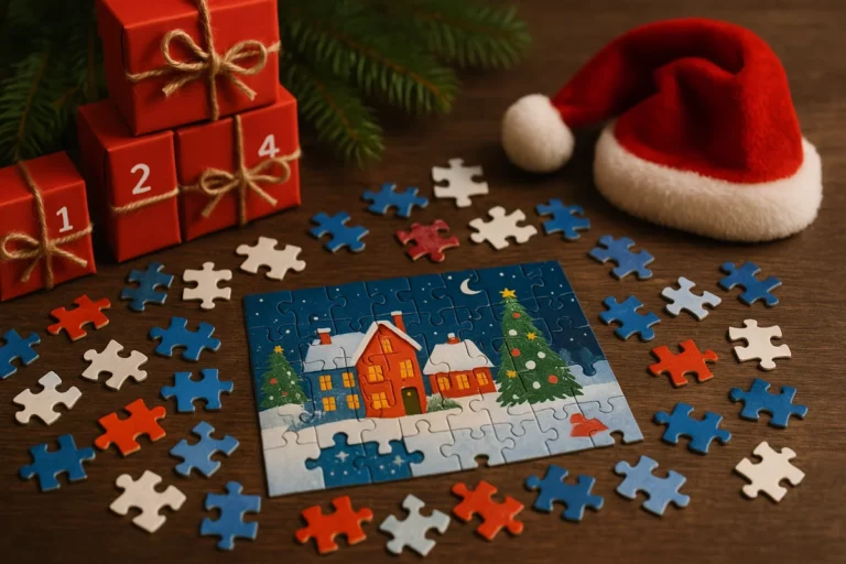Puzzle mit Winterdorf und verstreuten Teilen, daneben Adventsboxen und Nikolausmütze