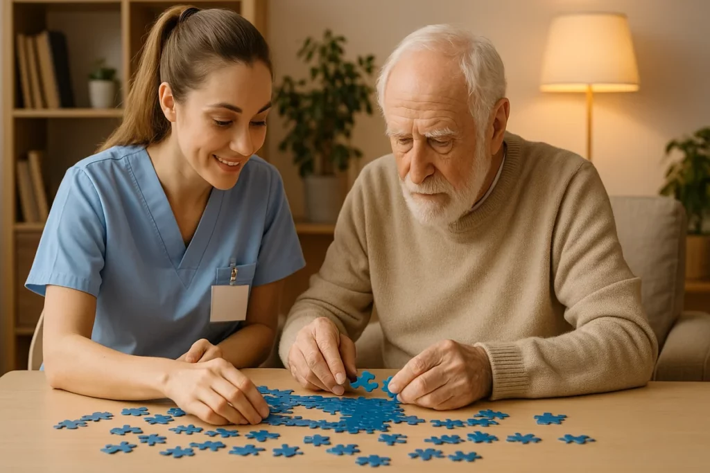 Junge Pflegekraft sitzt mit einem älteren Mann an einem Tisch und puzzelt mit großen blauen Teilen