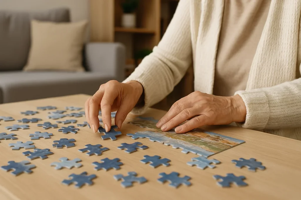 Nahaufnahme der Hände einer Seniorin beim Zusammenfügen großer Puzzleteile auf einem Holztisch