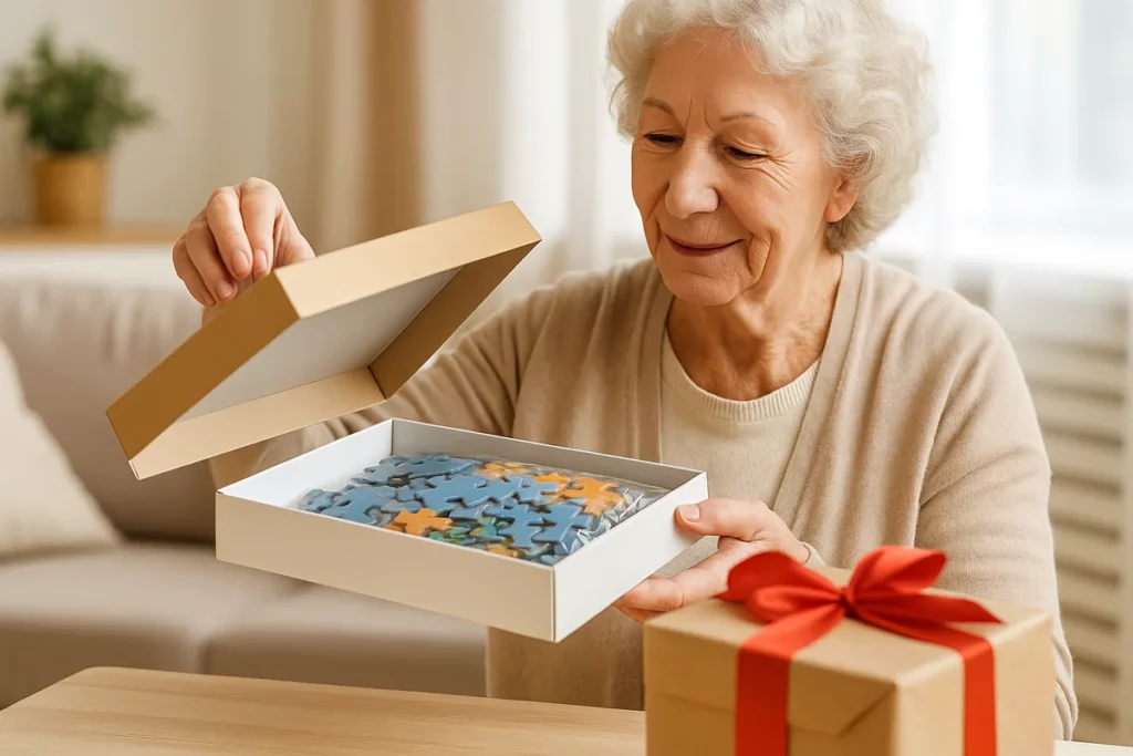 Seniorin mit weißem Haar lächelt, während sie eine Geschenkbox mit Puzzleteilen öffnet