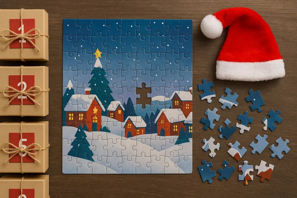 Teilweise zusammengesetztes Winterpuzzle mit Geschenkboxen und Nikolausmütze