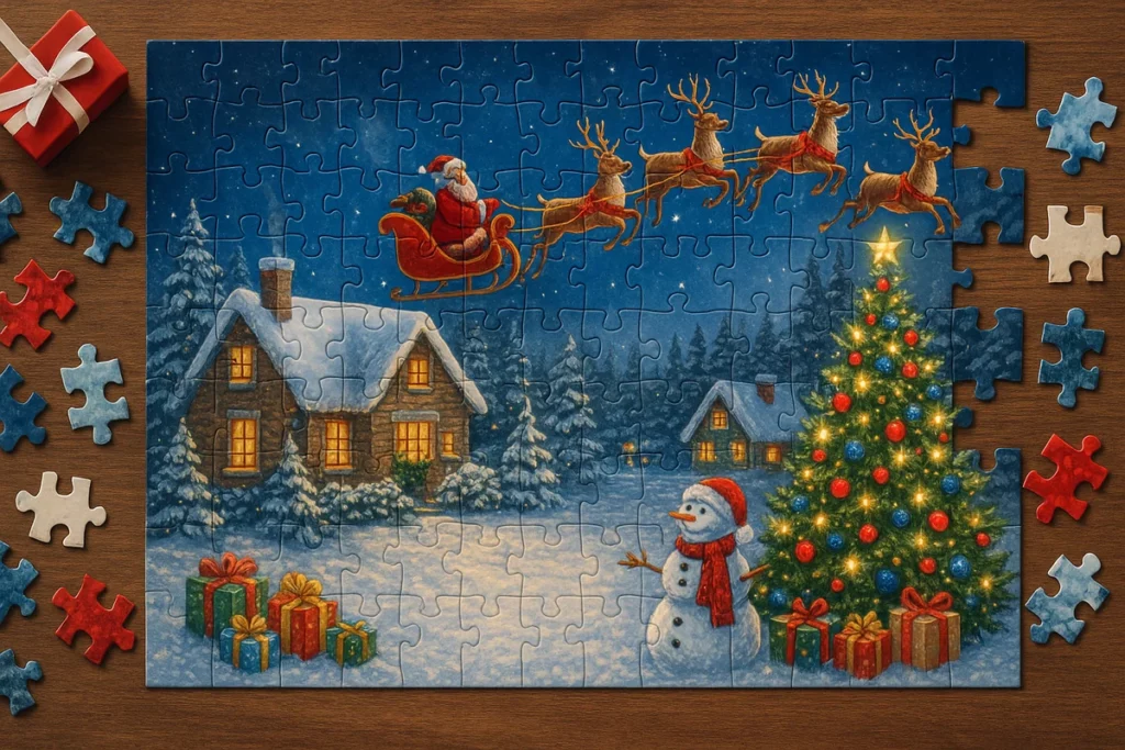 eilweise zusammengesetztes Puzzle mit Weihnachtsdorf, Tannenbaum, Schneemann und fliegendem Schlitten