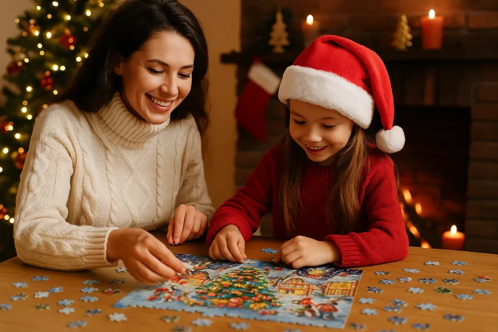 Mutter und Tochter puzzeln lachend vor Kamin und festlich geschmücktem Weihnachtsbaum