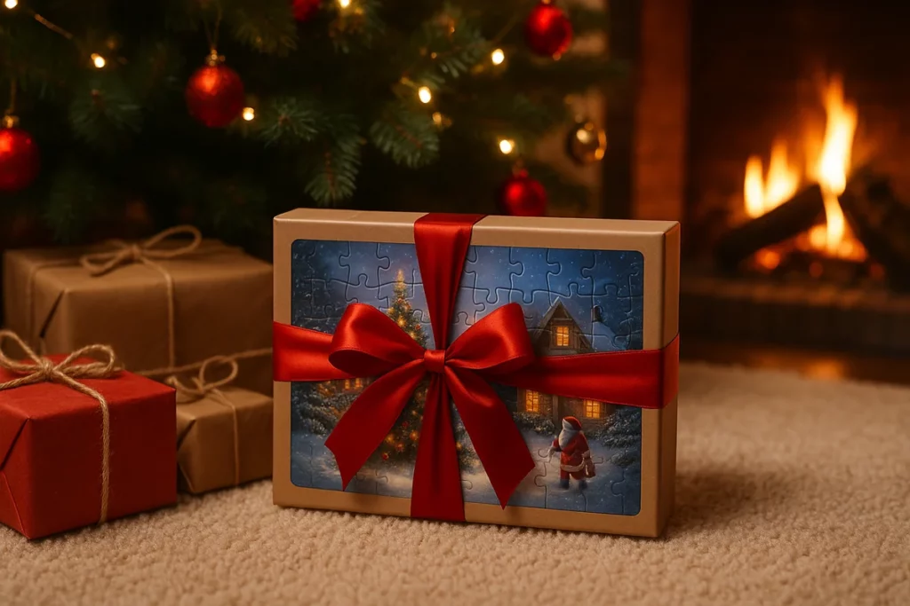 Geschenkverpacktes Puzzle mit Schneedorf-Motiv unter festlich geschmücktem Tannenbaum vor Kamin