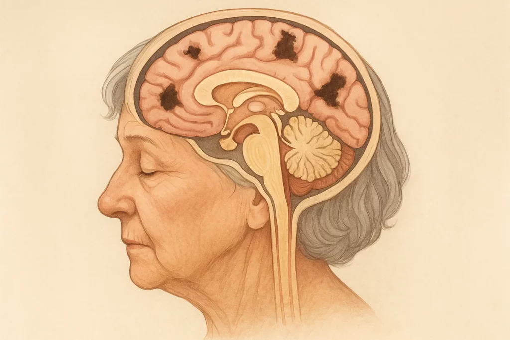 Querschnitt eines älteren Frauenkopfs mit sichtbarem Gehirn und betroffenen Bereichen