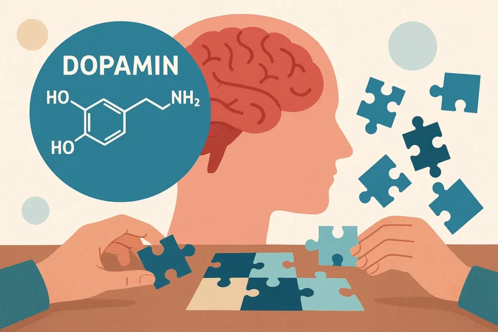 Abstraktes Bild eines menschlichen Kopfes mit Gehirn, Dopamin-Molekül und Händen beim Puzzeln