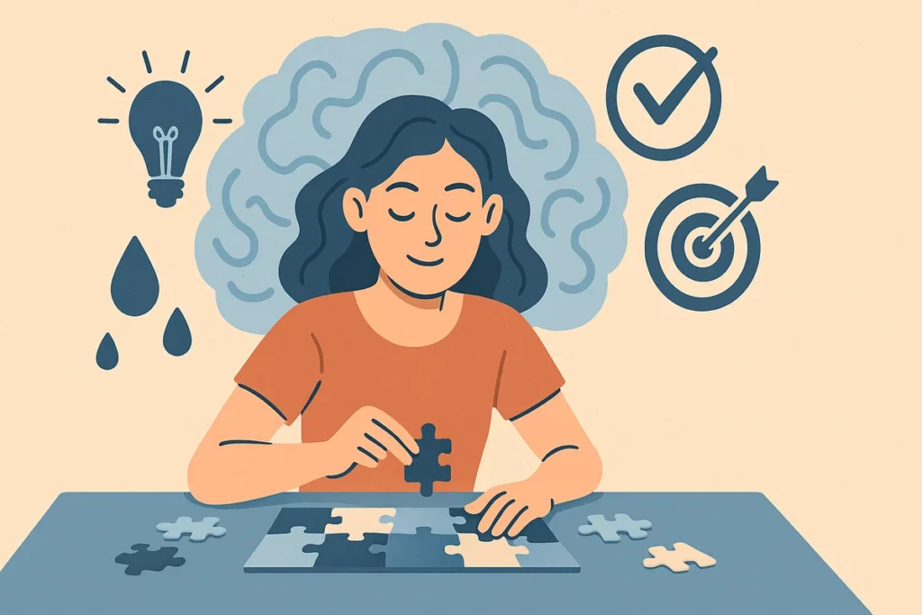 Junge Frau puzzelt konzentriert mit abstrahiertem Gehirn und Symbolen für Fokus und Zielstrebigkeit im Hintergrund