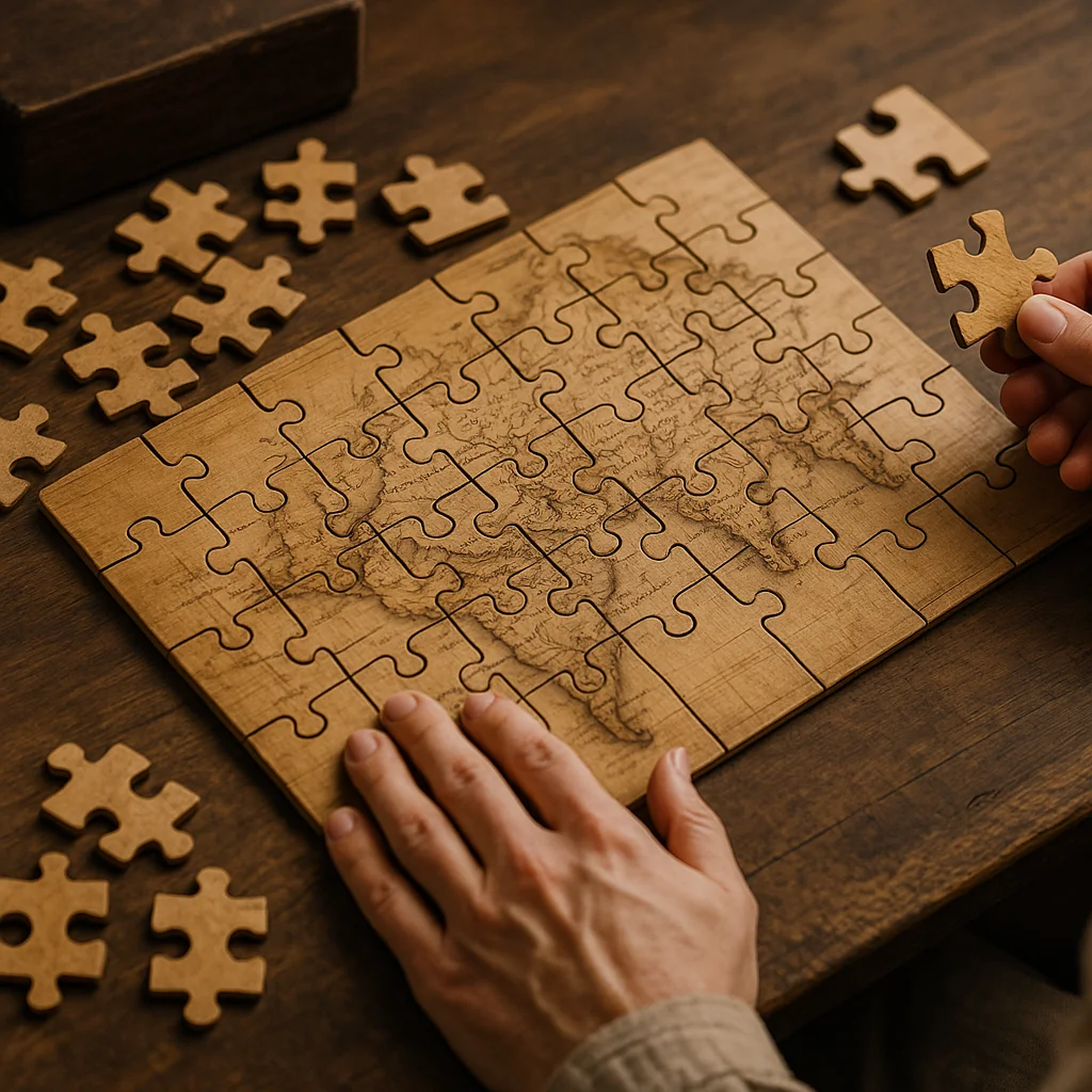 Hände setzen ein antikes Holzpuzzle mit Weltkarte auf einem Tisch zusammen