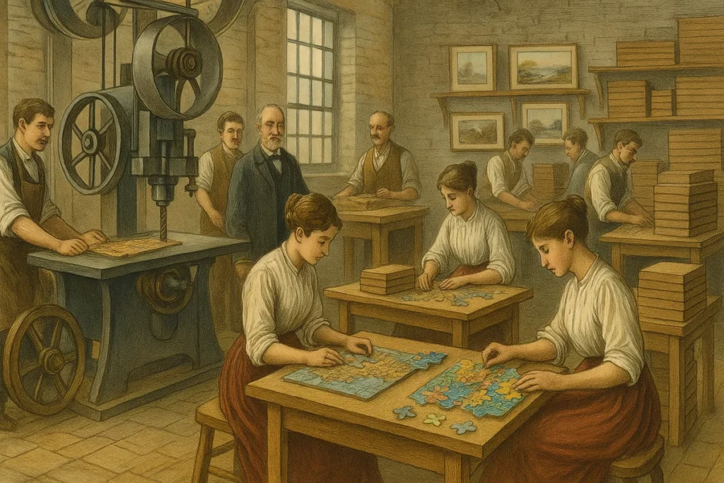 Historische Lithografie mit Arbeitern in einer Puzzlefabrik um 1900