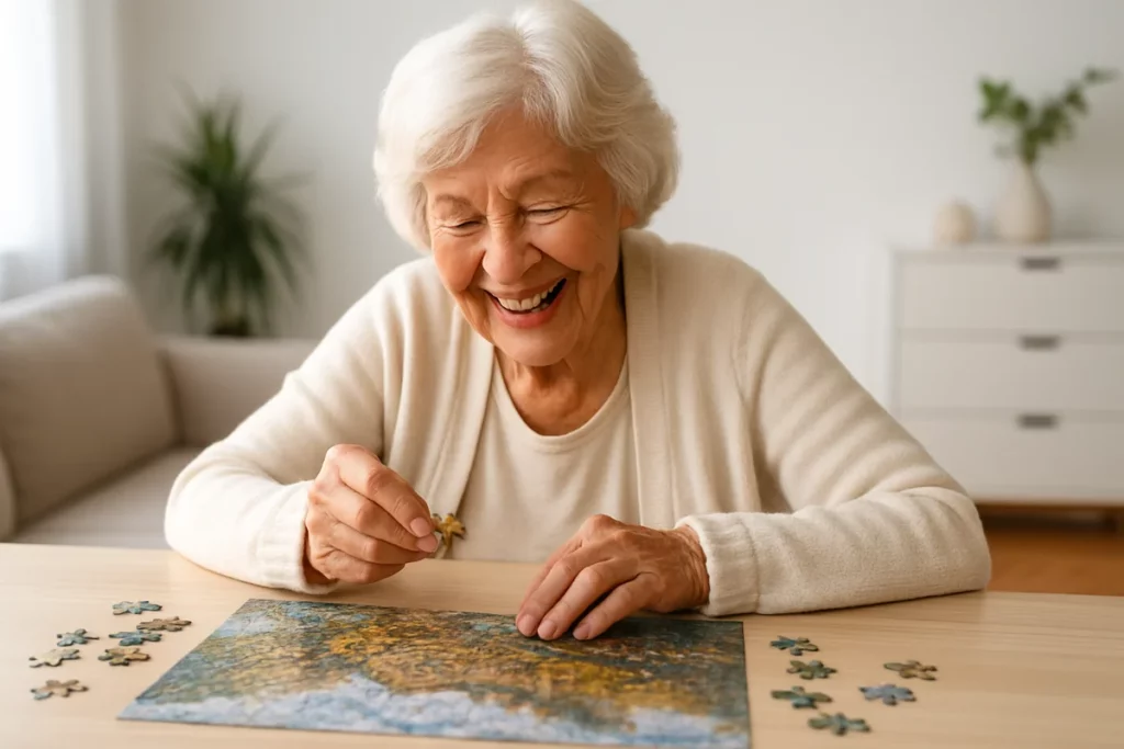 Ältere Frau lächelt strahlend, während sie das letzte Teil in ein Puzzle einsetzt