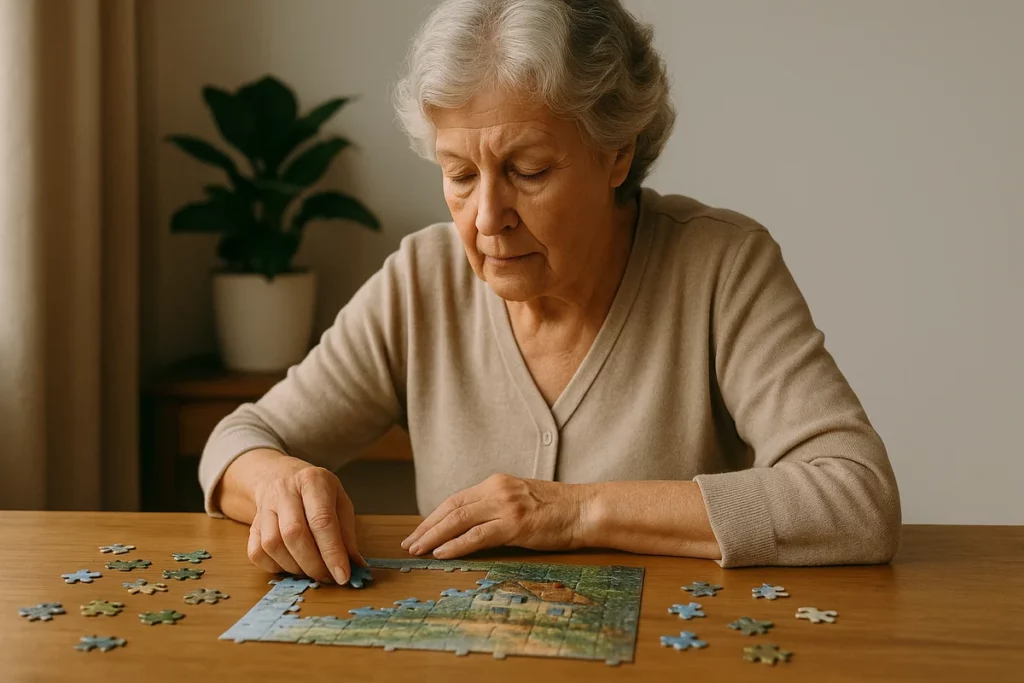 Ältere Frau mit grauen Haaren puzzelt ruhig an einem großen Landschaftsbild