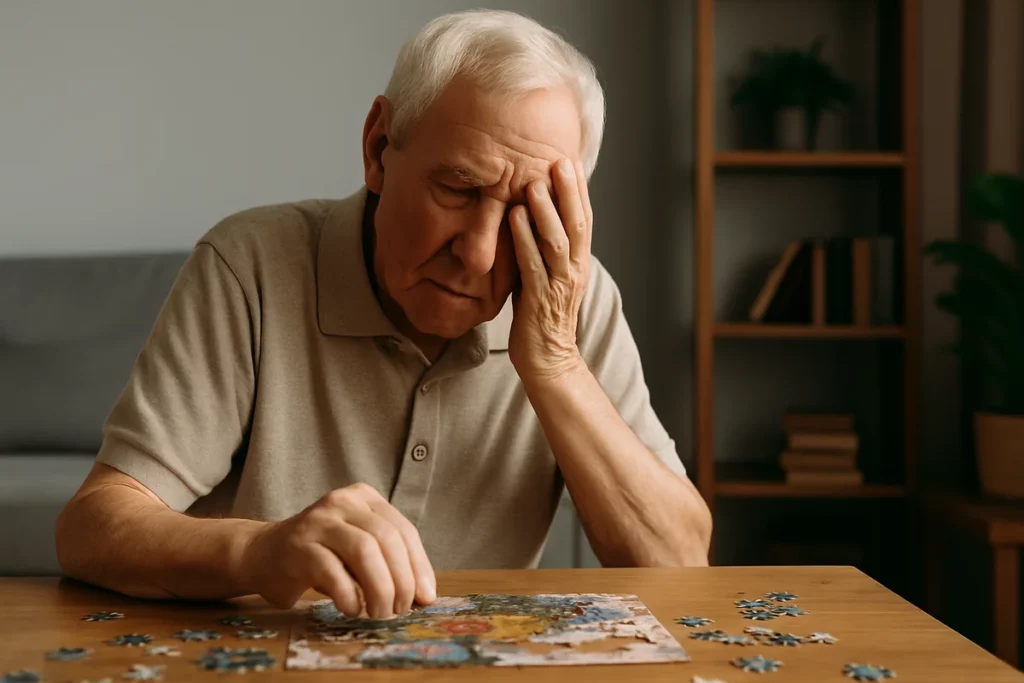 Senior mit geschlossenen Augen und Hand im Gesicht vor einem unfertigen Puzzle