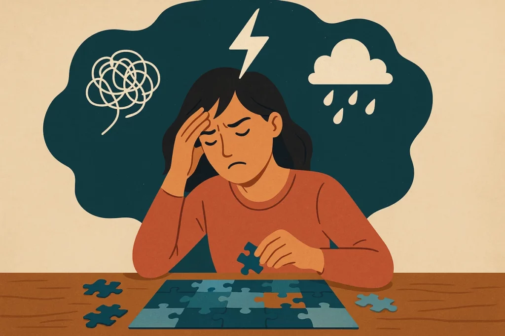 Junge Frau mit angespannter Miene puzzelt, umgeben von Symbolen für Stress und Überforderung