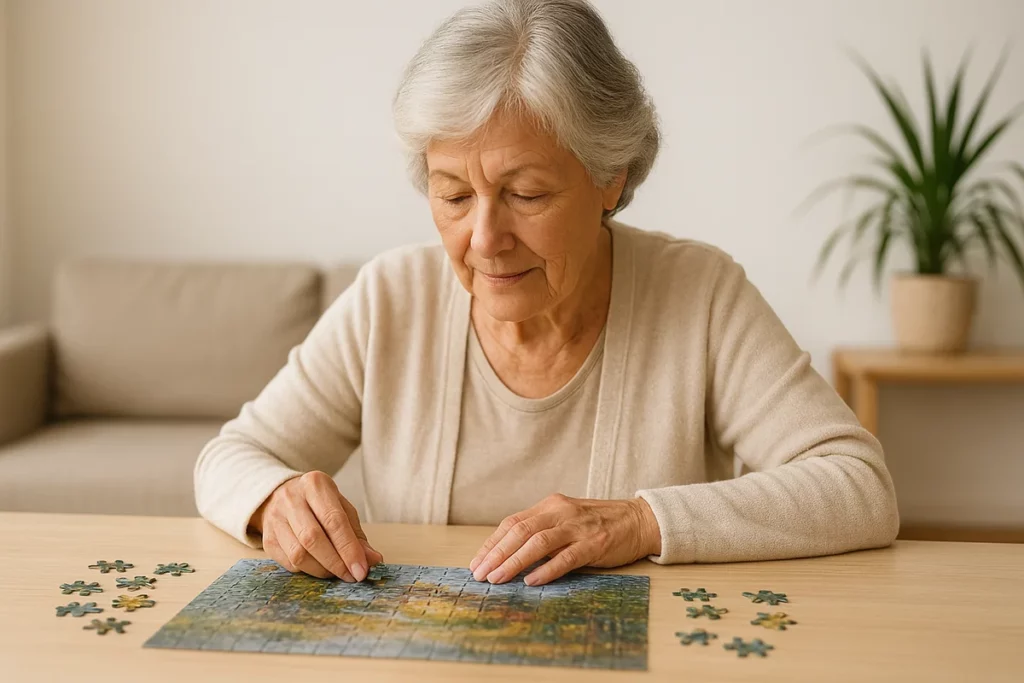 Ältere Frau sitzt entspannt an einem Tisch und legt konzentriert ein Puzzle