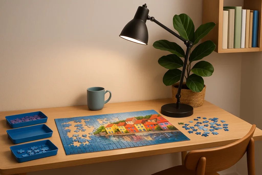 Heller Tisch mit buntem Puzzle, Sortierschalen, Schreibtischlampe und Pflanze
