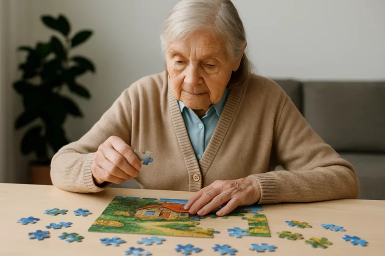 Eine ältere Frau konzentriert sich auf ein Puzzle mit Landschaftsmotiv