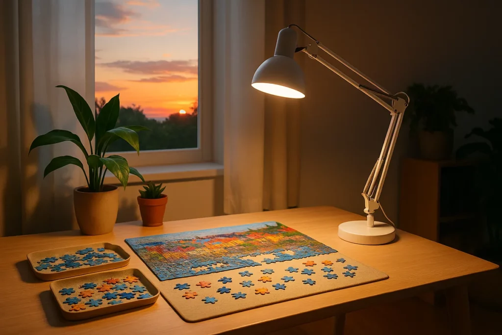 Puzzleplatz im warmen Licht der Abendsonne mit Schreibtischlampe und Pflanzen