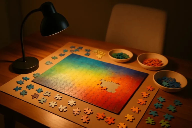 Teilweise fertiggestelltes buntes Puzzle auf Tisch unter Schreibtischlampe